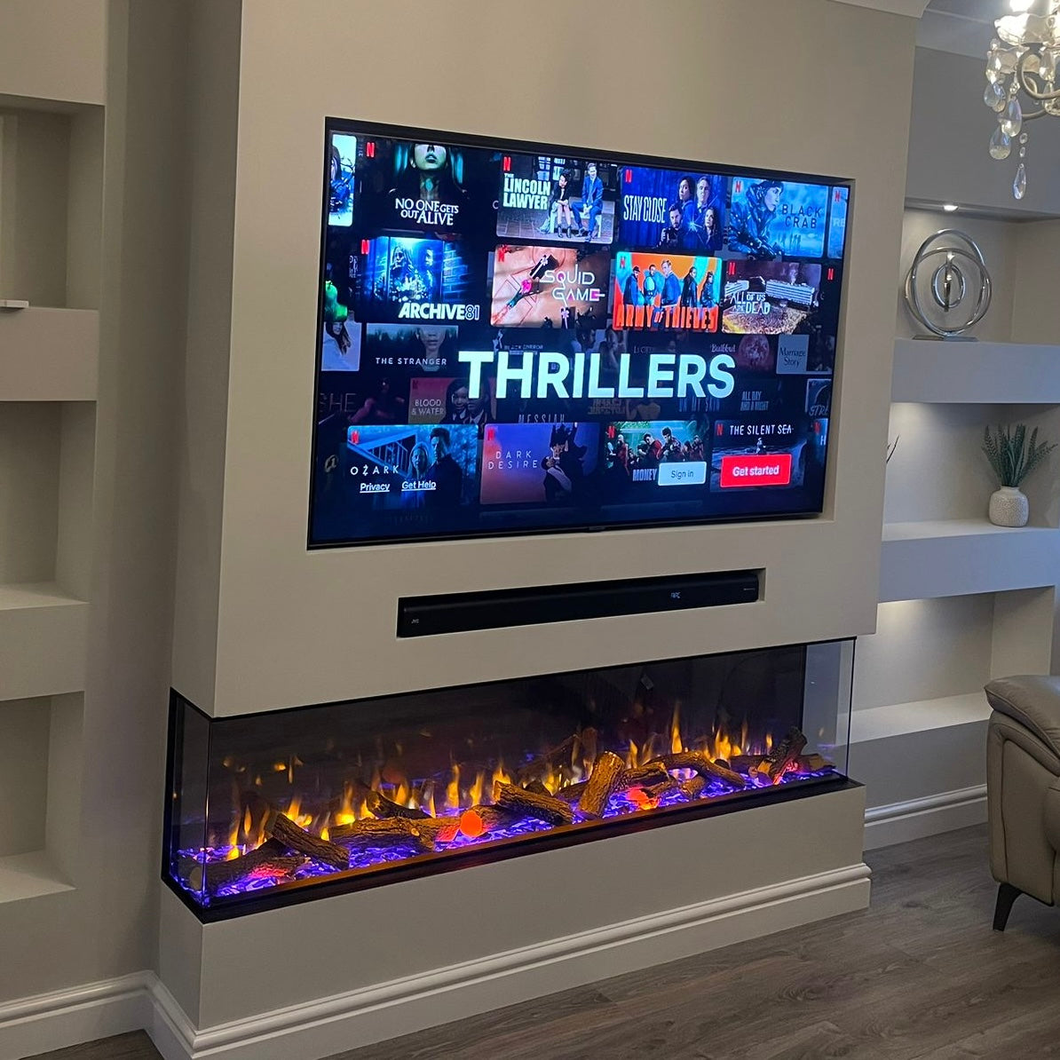 Blue flame fireplace on sale tv stand